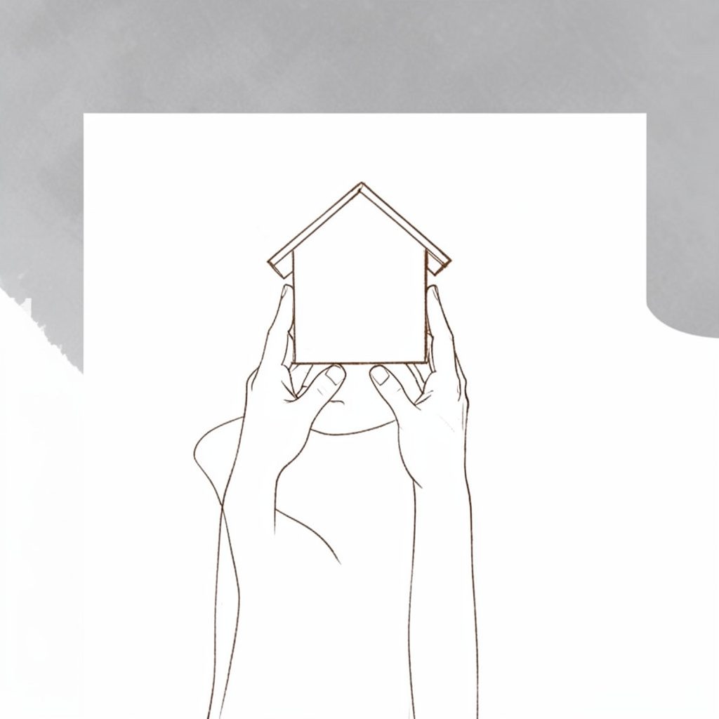 A minimal line drawing of a figure holding up a small house-shaped block in warm charcoal on a muted gray background, conveying creation and inspiration