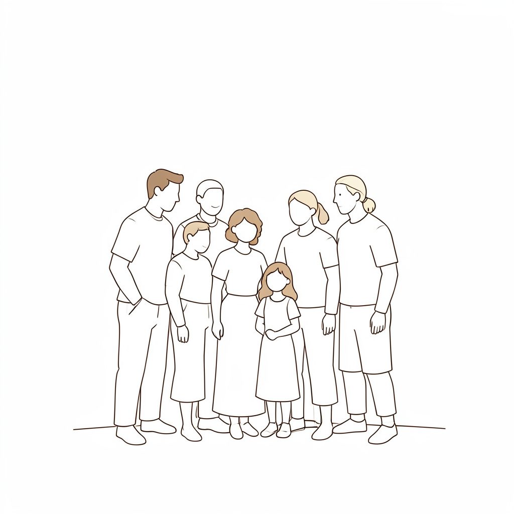 A simple line drawing of a group of stylized figures standing together in a warm-toned scene, suggesting community and family