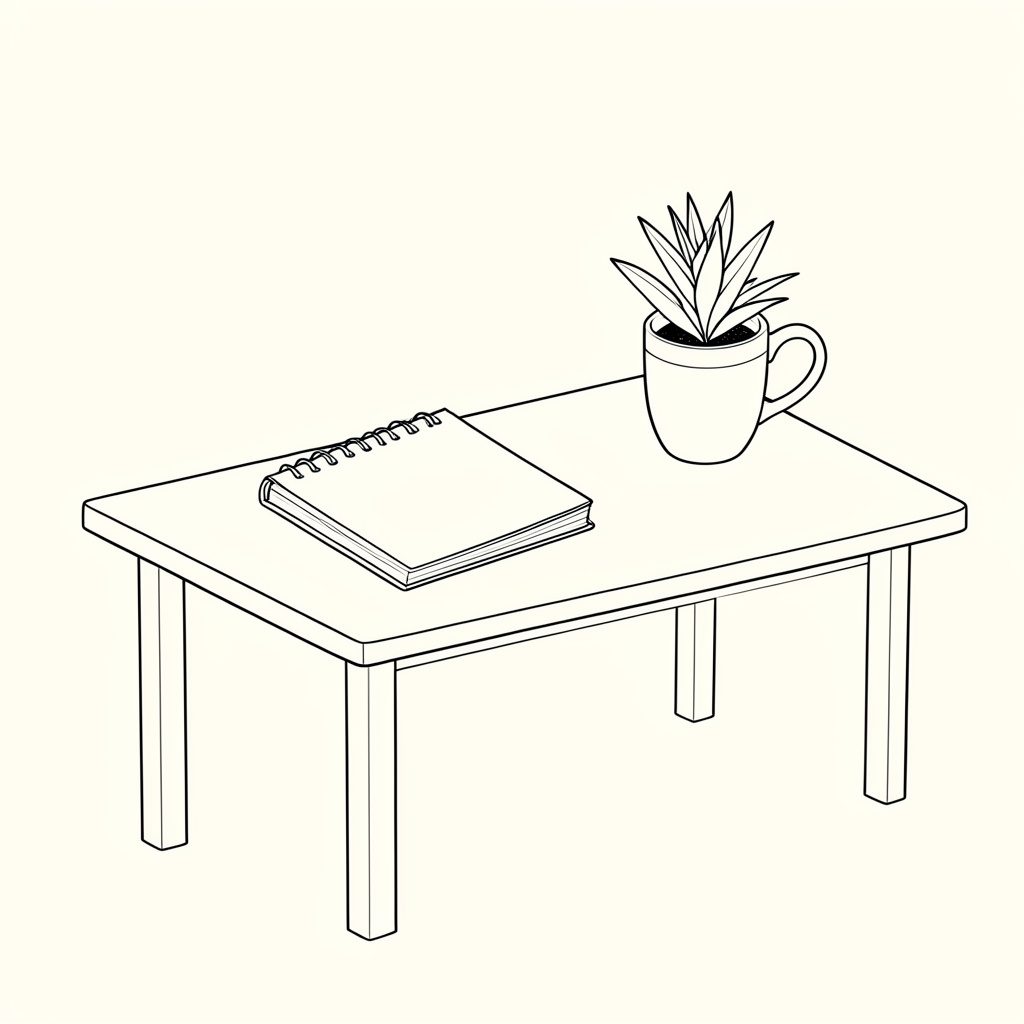 Black and white line illustration of a tidy workbench with a notebook, a mug, and a small plant, on a cream background